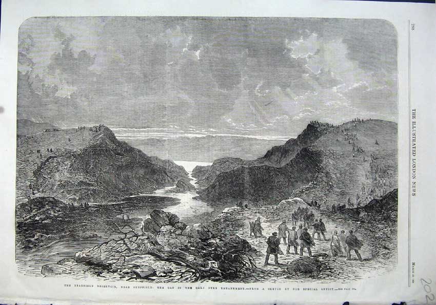 Old Antique Print 1864 Bradfield Resevoir Dale Dyke Embankment River Hill 19th