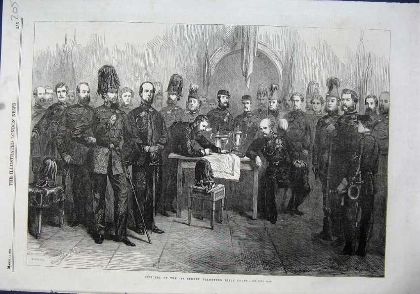 Old Antique Print 1864 Officers Surrey Volunteer Rifle Corps Army War Art 19th