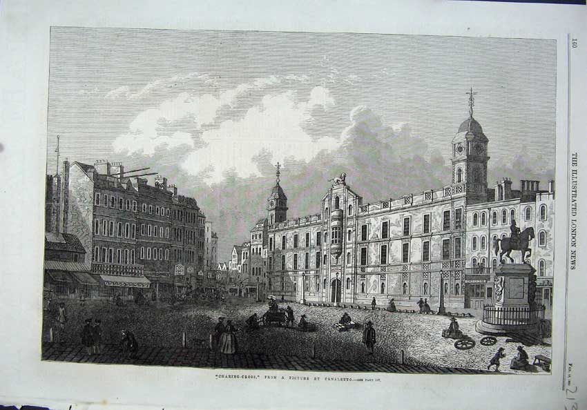 Original Old Antique Print 1864 Charring Cross Railway Station Building Street