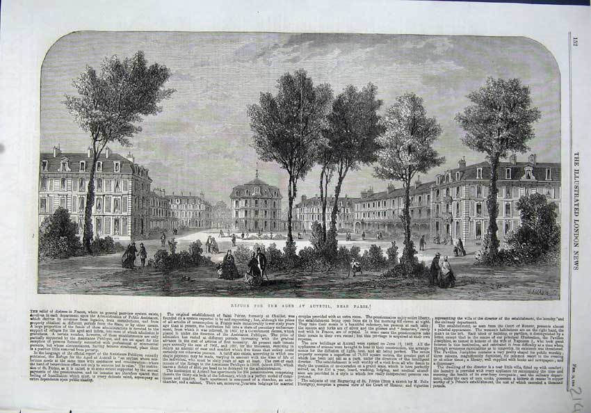 Old Antique Print 1864 Refuge Aged Auteuil Paris France Building Fine Art 19th