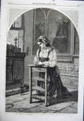 Original Old Antique Print Fine Art 1864 Offering Wyburd Woman Praying Church