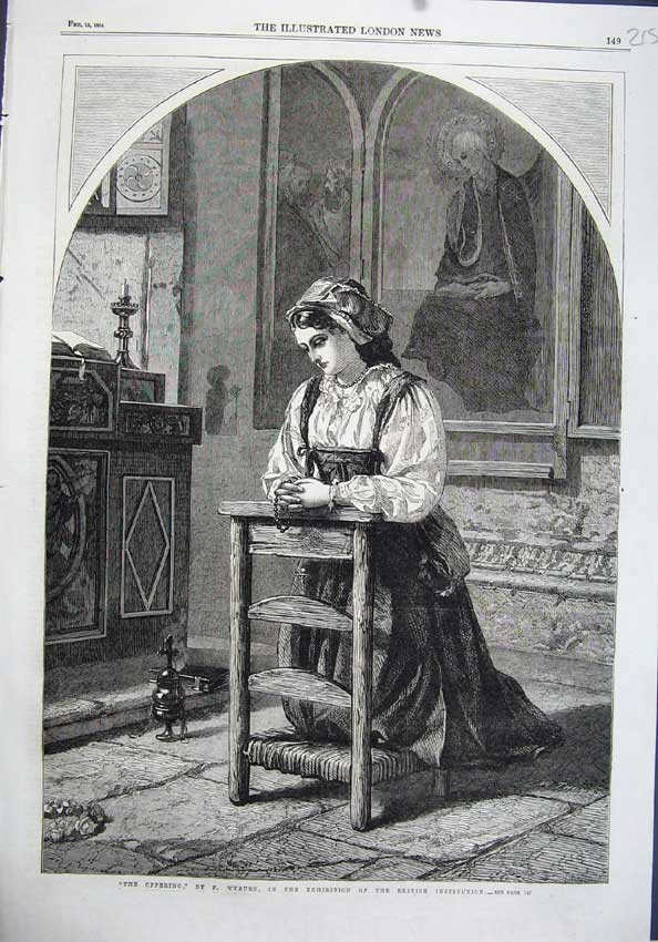 Original Old Antique Print Fine Art 1864 Offering Wyburd Woman Praying Church