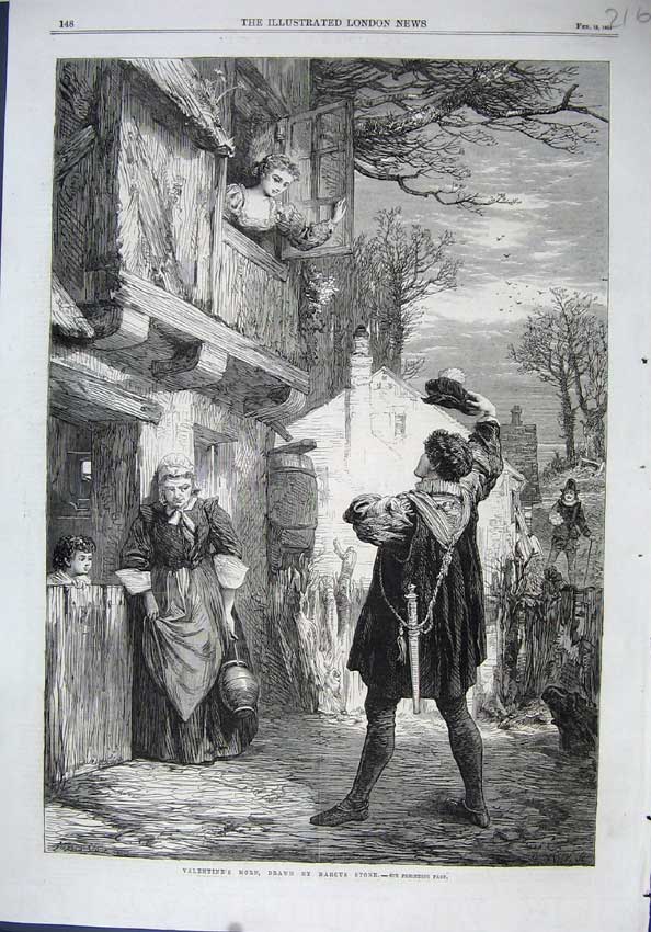 Old Antique Print 1864 Fine Art Valentine'S Day Man House Window Romance 19th