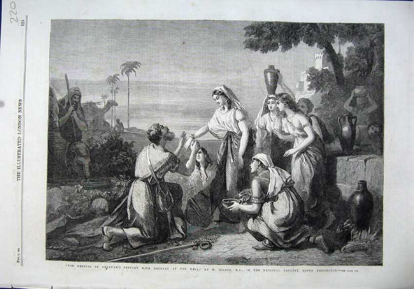 Original Old Antique Print Fine Art 1864 Abrahams Servant Rabekah Well Hilton