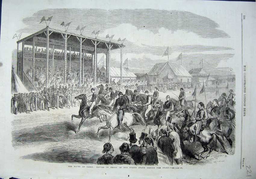 Original Old Antique Print 1864 Horse Races Cairo Grand Stand Aport People 19th