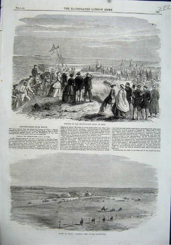 Original Old Antique Print 1864 Sweet Water Canal Suez Horse Races Cairo Egypt