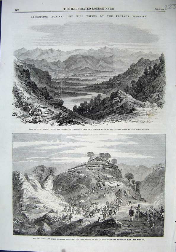 Old Antique Print 1864Chumla Valley Punjab Frontier War Crag Picket Goroo 19th