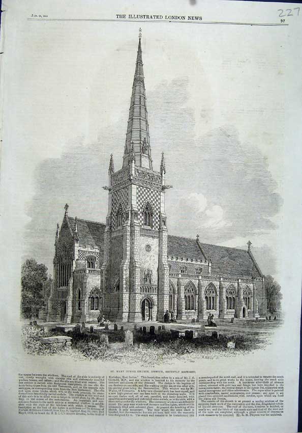 Old Antique Print 1864 St Mary Tower Church Ipswich Graves Architecture 19th