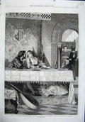 Old Antique Print Fine Art 1864 Man Woman Romance Table Calderon Cabinet 19th