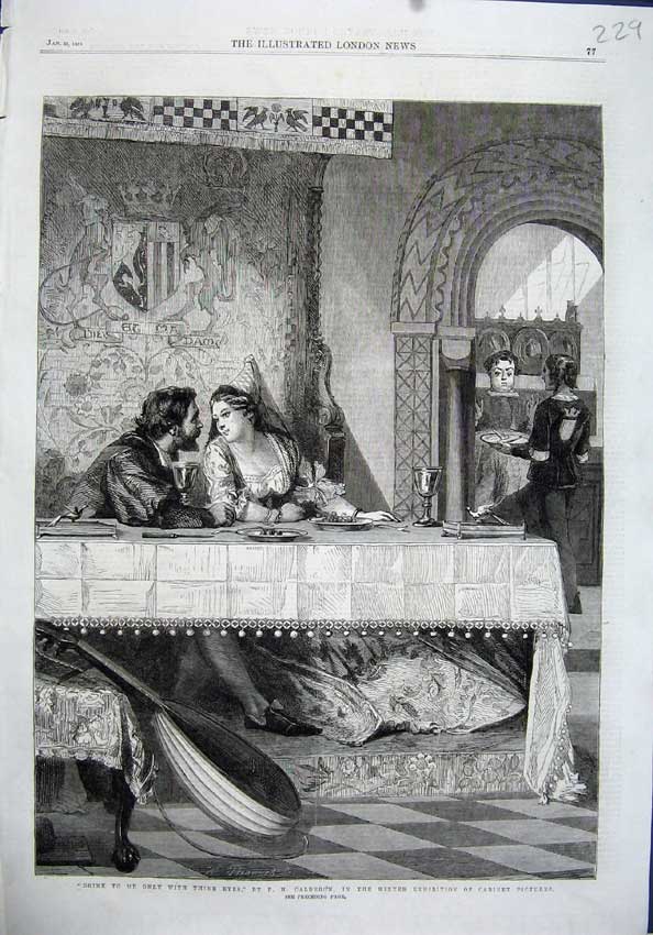 Old Antique Print Fine Art 1864 Man Woman Romance Table Calderon Cabinet 19th