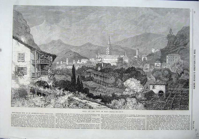 Old Antique Print 1864 View Susa Mont Cenis Church Mountains Houses Art 19th