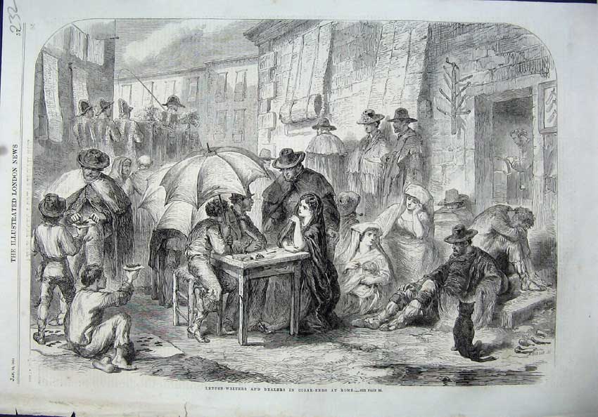 Old Antique Print 1864 Letter Writers Dealers Cigar Ends Rome Street Art 19th