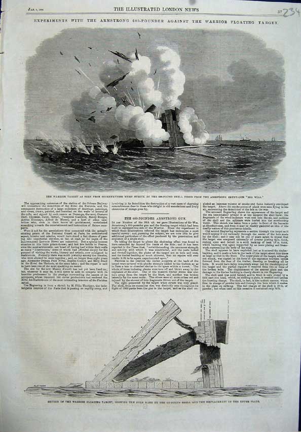 Original Old Antique Print Warrior Floating Target Armstrong Big Will Ship Art