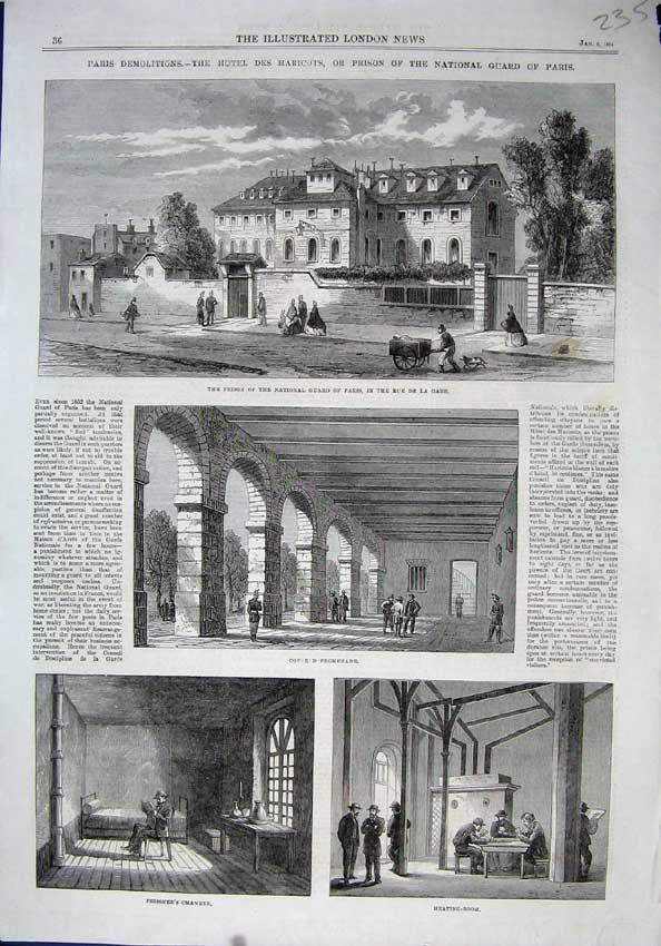 Old Antique Print Paris 1864 Prison National Guard Chamber Heating Room 19th