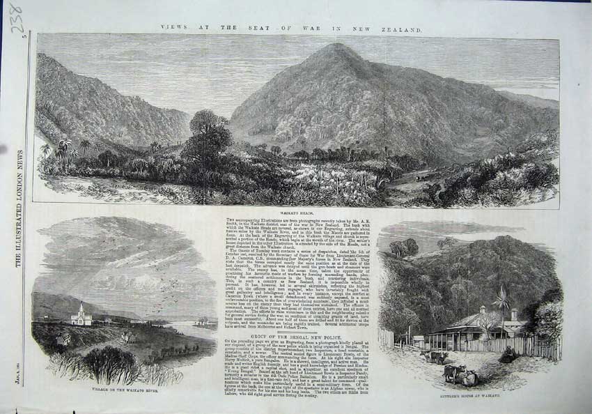 Old Antique Print 1864 War New Zealand Waikato Heads Village River Hills 19th