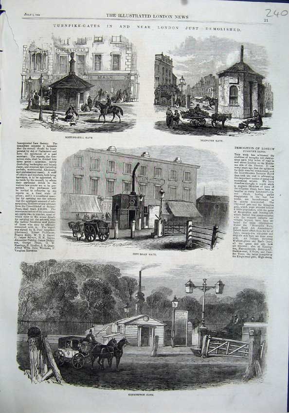 Old Antique Print London 1864 Kensington Gate Islington Notting-Hill City 19th