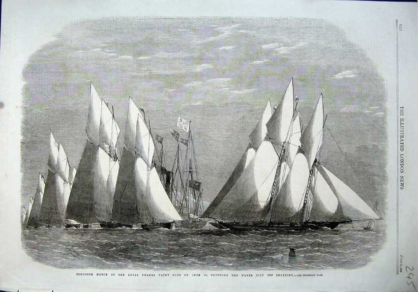 Old Antique Print 1864 Schooner Match Thames Yacht Club Ships Water Lily 19th