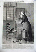 Original Old Antique Print Fine Art 1864 Seule Maison Woman Dog Chair Bisschop