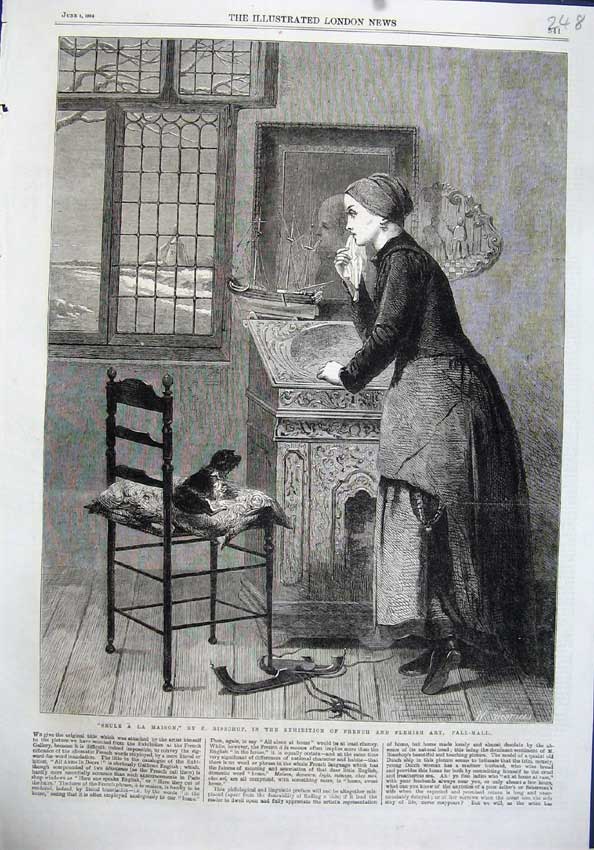 Original Old Antique Print Fine Art 1864 Seule Maison Woman Dog Chair Bisschop