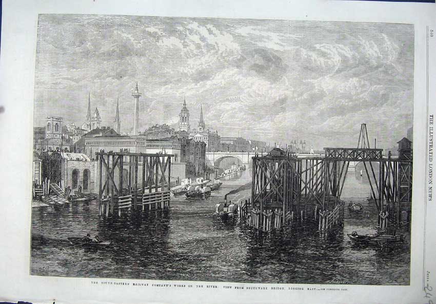 Original Old Antique Print 1864 Fine Art Railway Company Works River Southwark