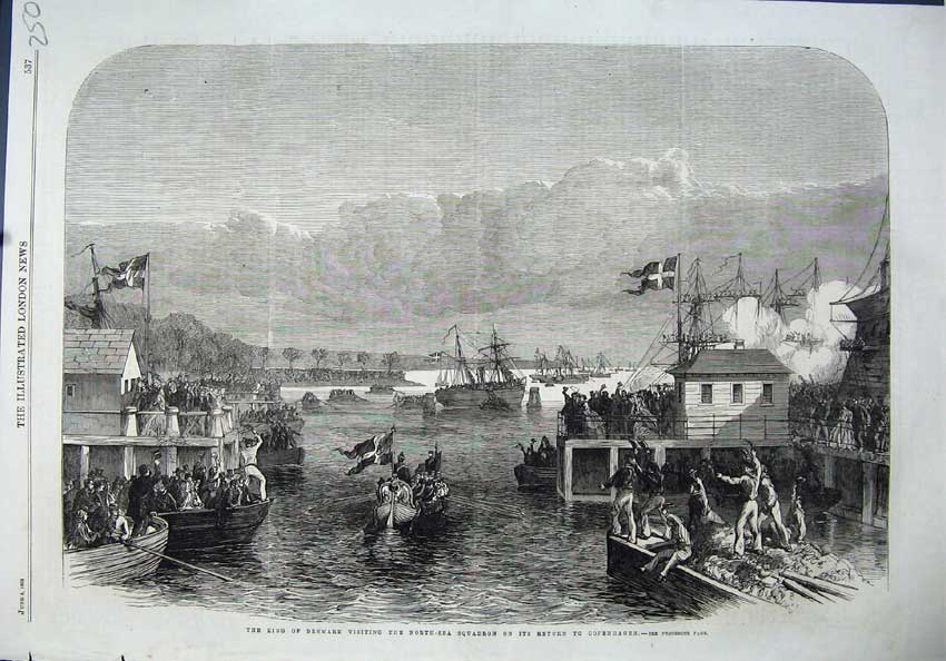 Original Old Antique Print 1864 King Denmark North Sea Squadron Ship Copenhagen