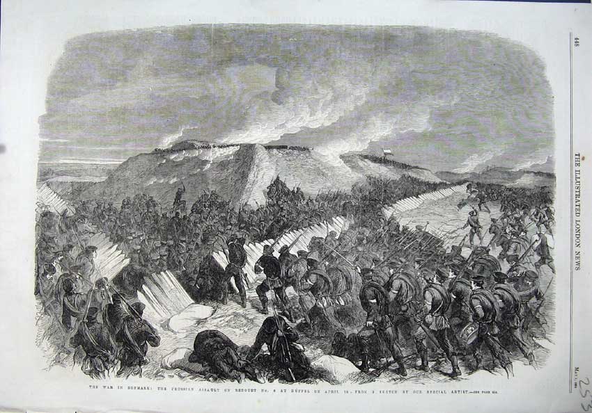 Original Old Antique Print 1864 War Denmark Prussian Battle Redoubt Duppel Army