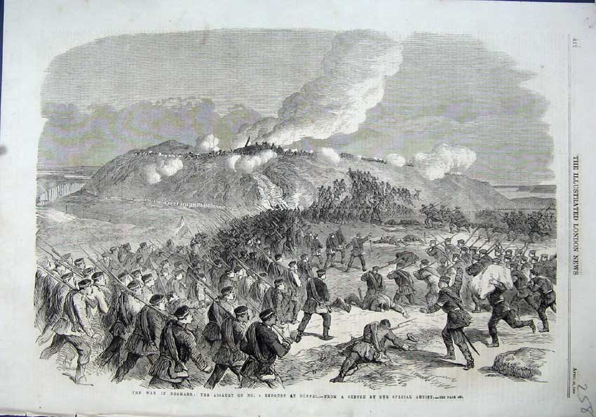 Original Old Antique Print 1864 War Denmark Assault Redoubt Duppel Army Battle
