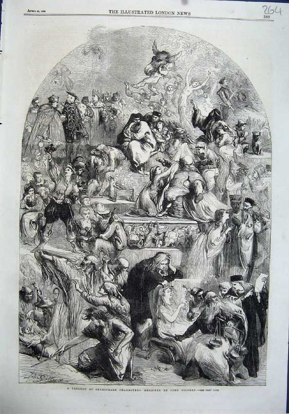 Original Old Antique Print Tableau Shakspeare Characters John Gilbert Art 1864