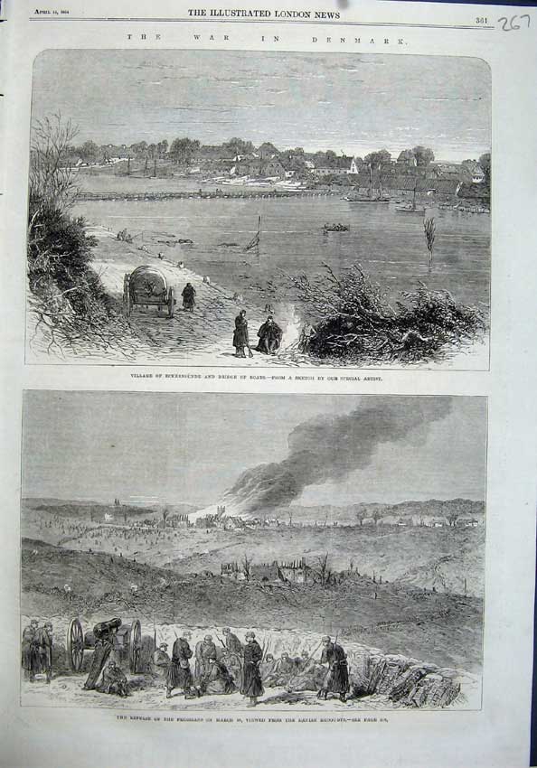 Original Old Antique Print War Denmark 1864 Village Eckernsunde Boat Prussians