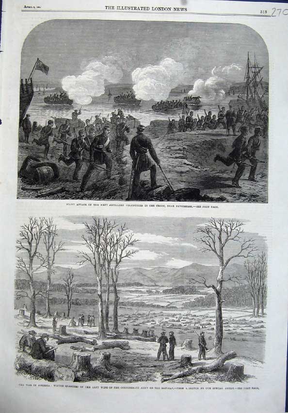 Old Antique Print Attack Kent Artillery Faversham 1864 War America Army 19th
