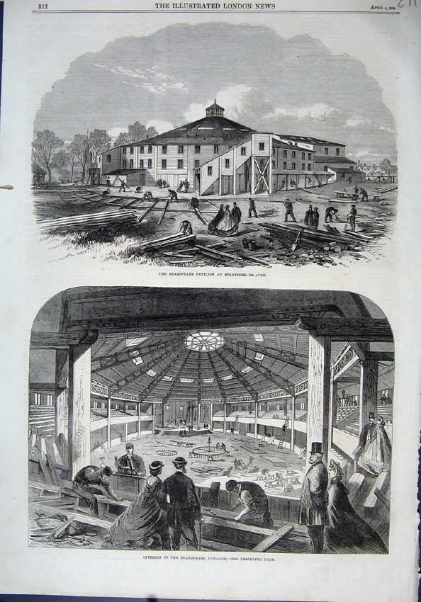 Original Old Antique Print 1864 Shakspeare Pavillion Stratford-On-Avon Interior