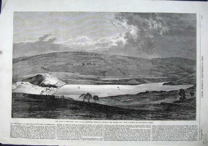 Old Antique Print 1864 Flood Sheffield Bradford Resevoir Broken Dam Art 19th