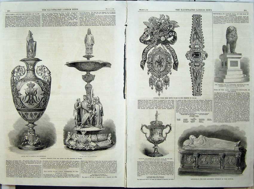 Old Antique Print 1864 Monument Archbishop Musgrave Princess Wales Tazza 19th