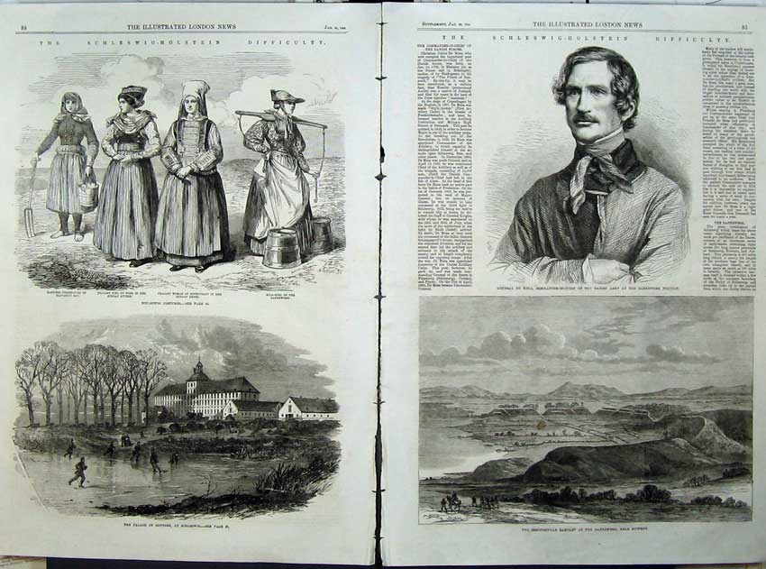 Old Antique Print 1864 General Meza Danish Army Palace Gottorf Rampart 19th
