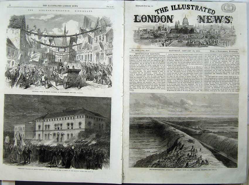 Old Antique Print 1864 Prince Frederick Kiel Holstein Railway Waldemar 19th