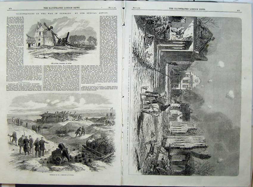 Antique Old Print War Denmark 1864 Duppel Windmill Sonderburg Ruins Horse 19th