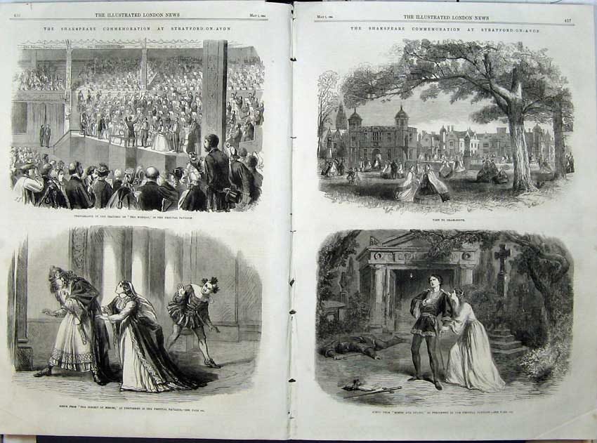 Old Antique Print 1864 Shakspeare Messiah Pavillion Theatre Charlecote 19th
