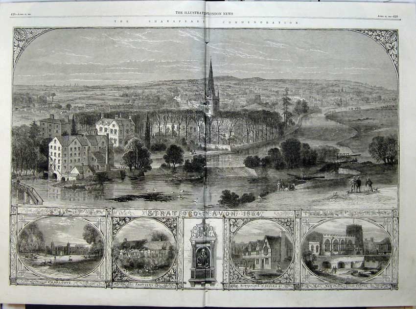 Original Old Antique Print 1864 Shakspeare Stratford-On-Avon Chapel Charlcote