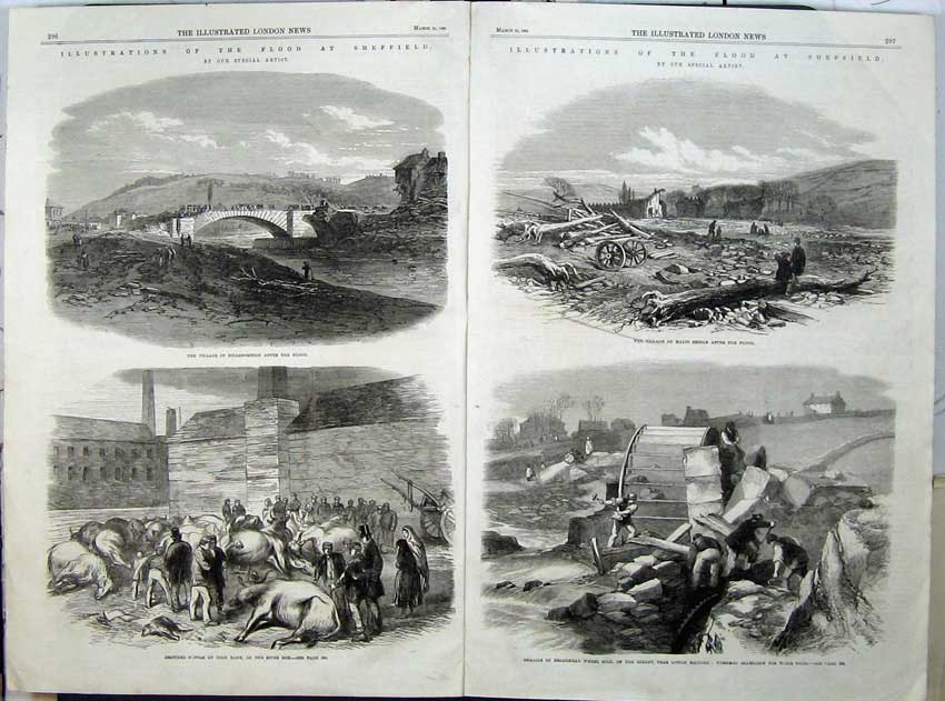 Old Antique Print Flood Sheffield 1864 Hillsborough Bridge Cattle Mill 19th