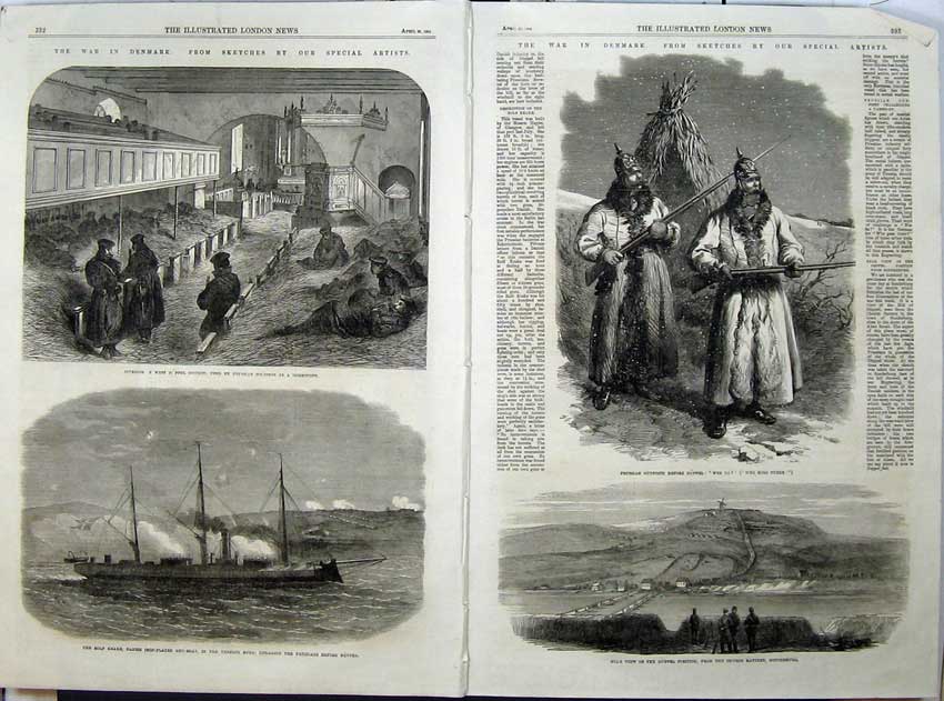 Old Antique Print 1864 War Denmark Rolf Krake Gun Boat Church Duppel Art 19th