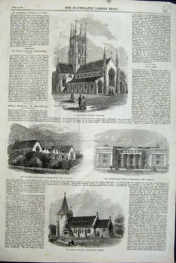 Old Antique Print 1864 Church Clapham Sussex New Zealand Courthouse Art 19th