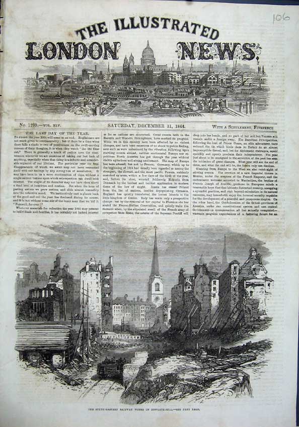 Original Old Antique Print 1864 South-Eastern Railway Works Dowgate-Hill Train