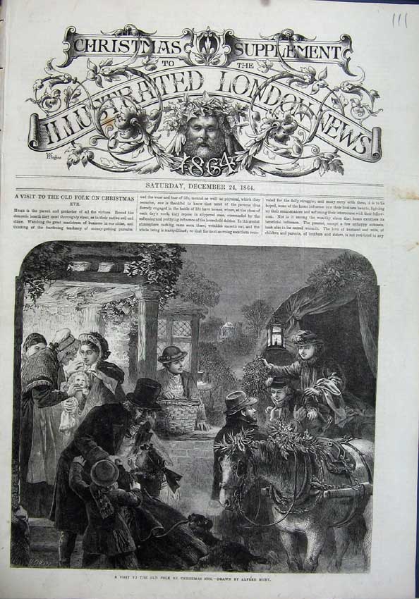 Original Old Antique Print 1864 Visit People Christmas Eve Horse Family Art