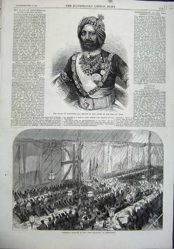 Original Old Antique Print 1864 Rajah Kapoorthalla Star India Banquet Kurrachee