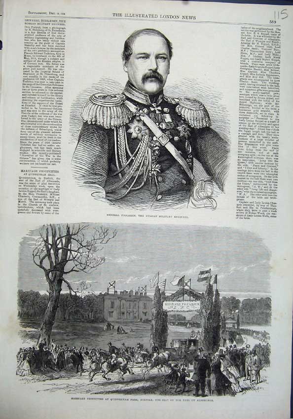 Old Antique Print General Todleben Russian Quiddenham Norfolk Albemarde