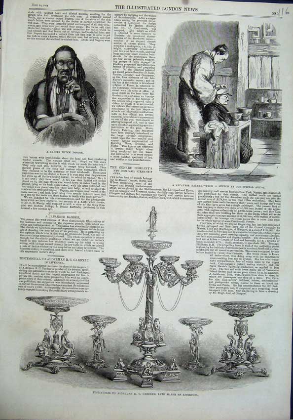 Original Old Antique Print 1864 Kaffir Witch Doctor Japanese Barber Testimonial