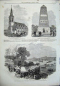 Original Old Antique Print 1864 Church Leonards-On-Sea Monument Magenta Bridge