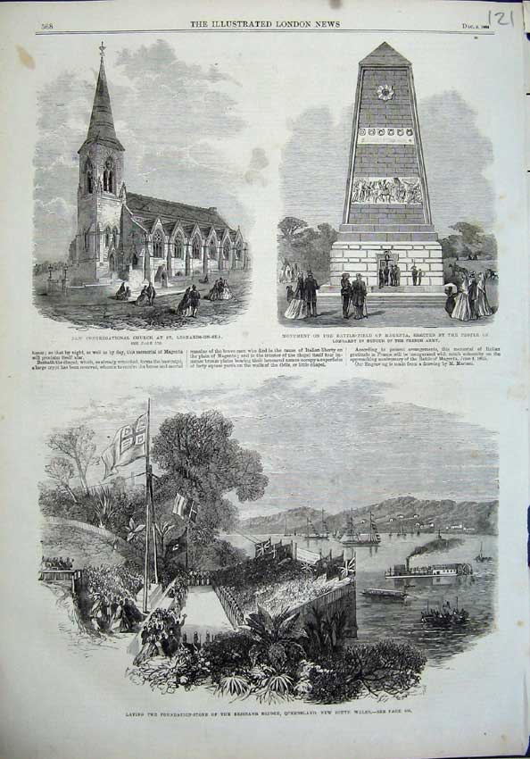 Original Old Antique Print 1864 Church Leonards-On-Sea Monument Magenta Bridge