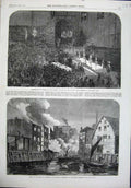 Old Antique Print 1864 Fire Dockhead Bermondsey Crystal Palace Rifle Art 19th