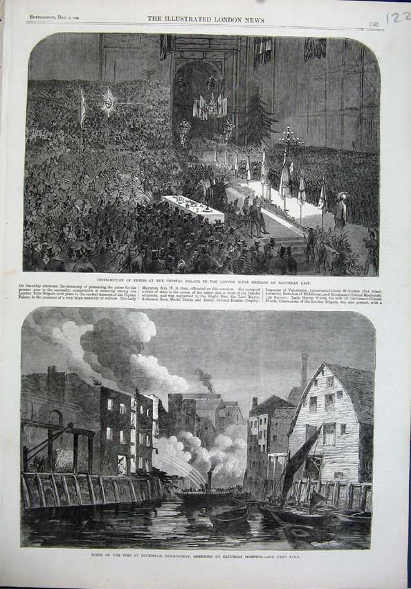 Old Antique Print 1864 Fire Dockhead Bermondsey Crystal Palace Rifle Art 19th